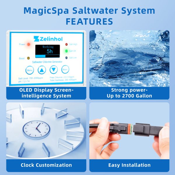 Salt Chlorine Generator for Hot Tubs & Swim Spas, Titanium Salt Cell with OLED Display & Quick-Change Design, Self-Cleaning System (Up to 2500 Gallons)