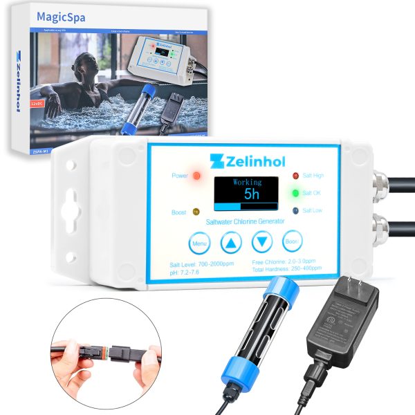 Salt Chlorine Generator for Hot Tubs & Swim Spas, Titanium Salt Cell with OLED Display & Quick-Change Design, Self-Cleaning System (Up to 2500 Gallons)