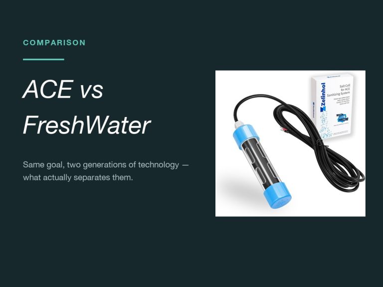 Split banner: full ACE salt cell and box photo beside the headline ACE vs FreshWater
