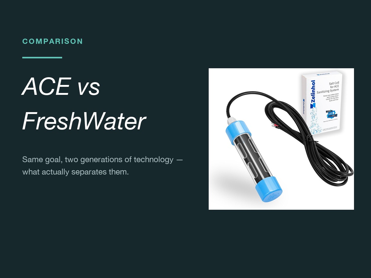 Split banner: full ACE salt cell and box photo beside the headline ACE vs FreshWater