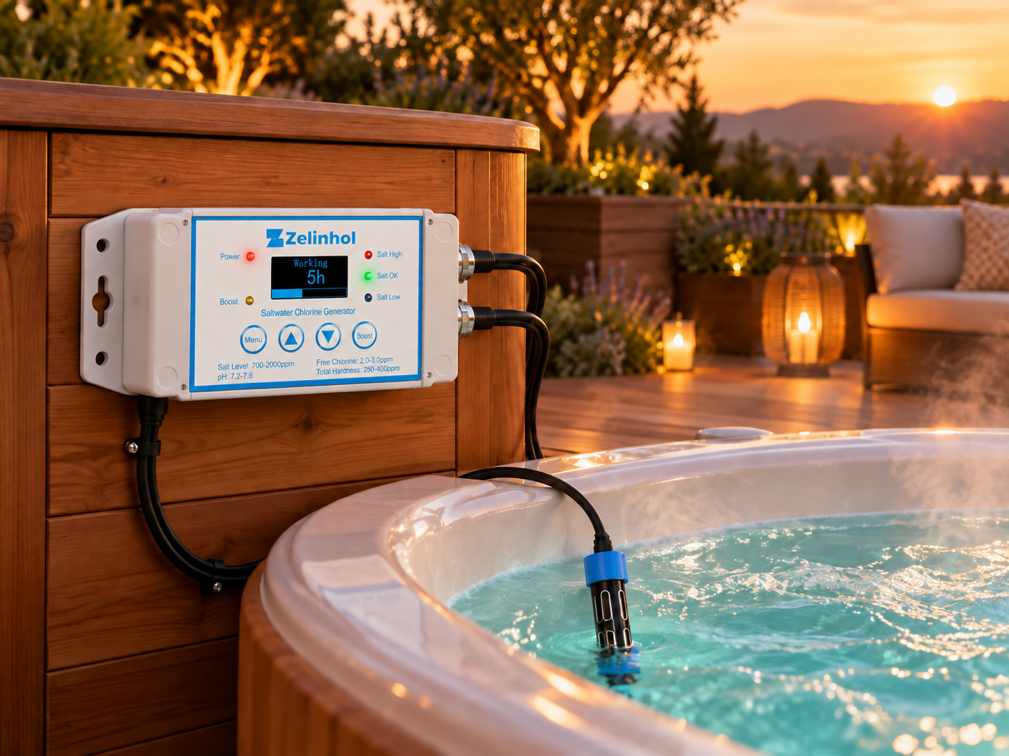 Zelinhol salt chlorine generator installed on a cedar hot tub at dusk