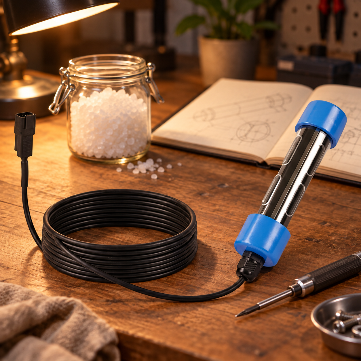 Zelinhol titanium salt cell on an engineer's workbench with coarse salt and technical sketches