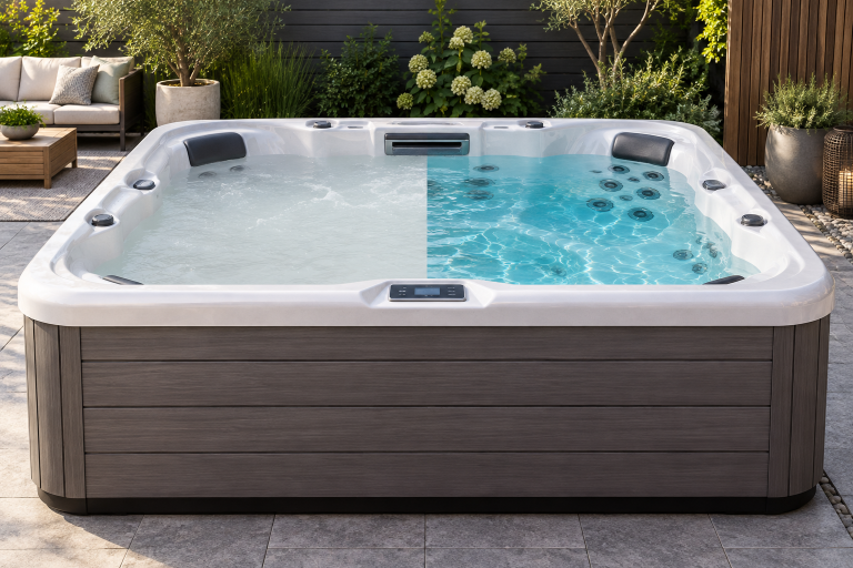 Split view of cloudy milky hot tub water and crystal clear water