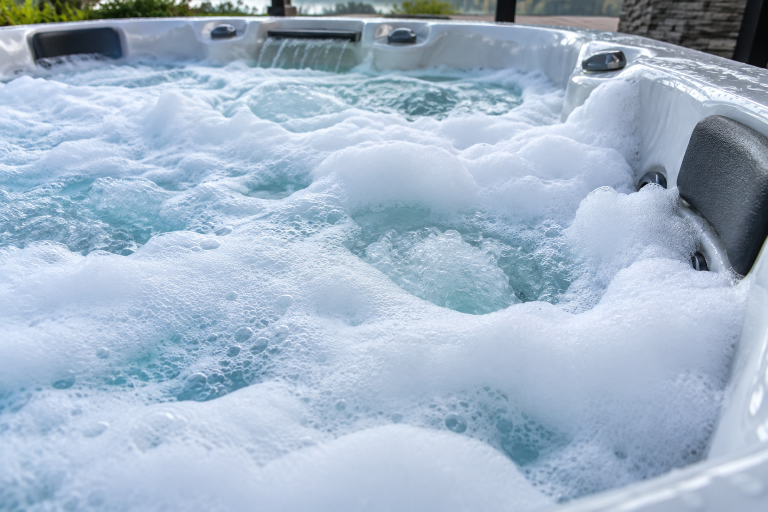 Thick white foam covering hot tub water with jets running