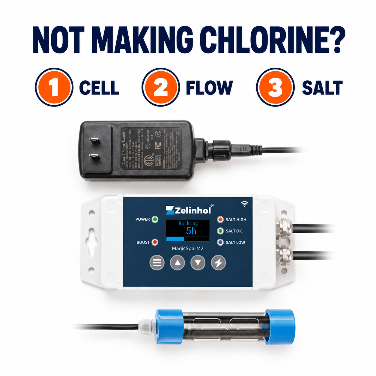MagicSpa M2 salt system with cell, flow and salt check order badges