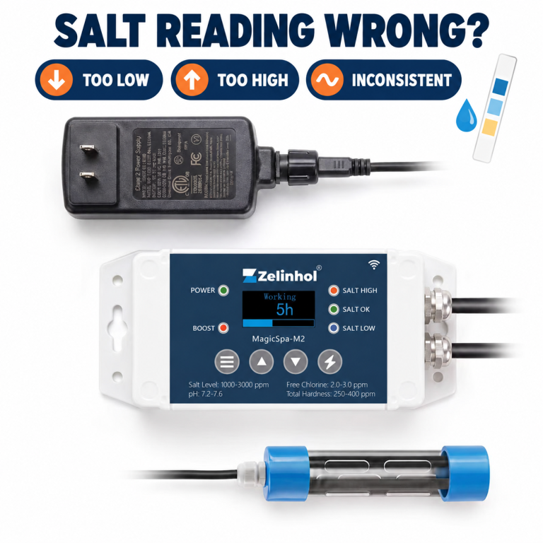 MagicSpa M2 salt chlorinator with salt reading too low, too high and inconsistent badges