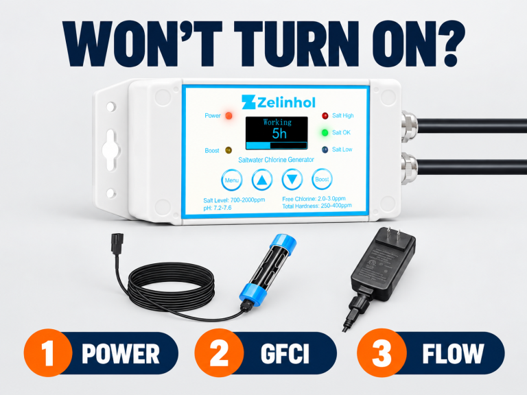 Zelinhol salt chlorine generator with power, GFCI and flow check badges