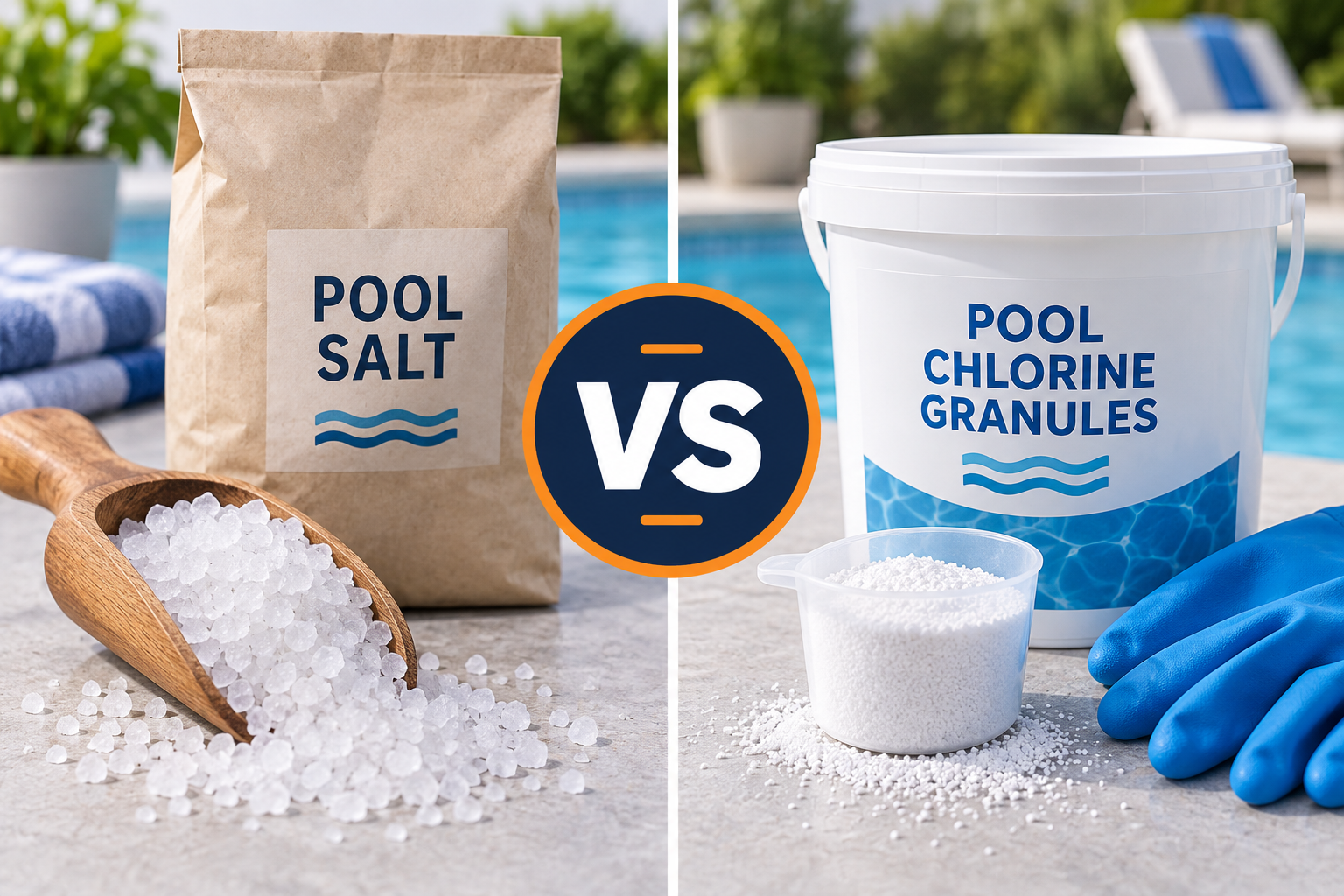 Pool salt bag versus chlorine granules bucket comparison