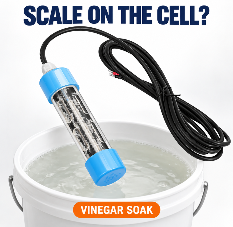 Scaled salt cell with white calcium buildup above vinegar soak bucket