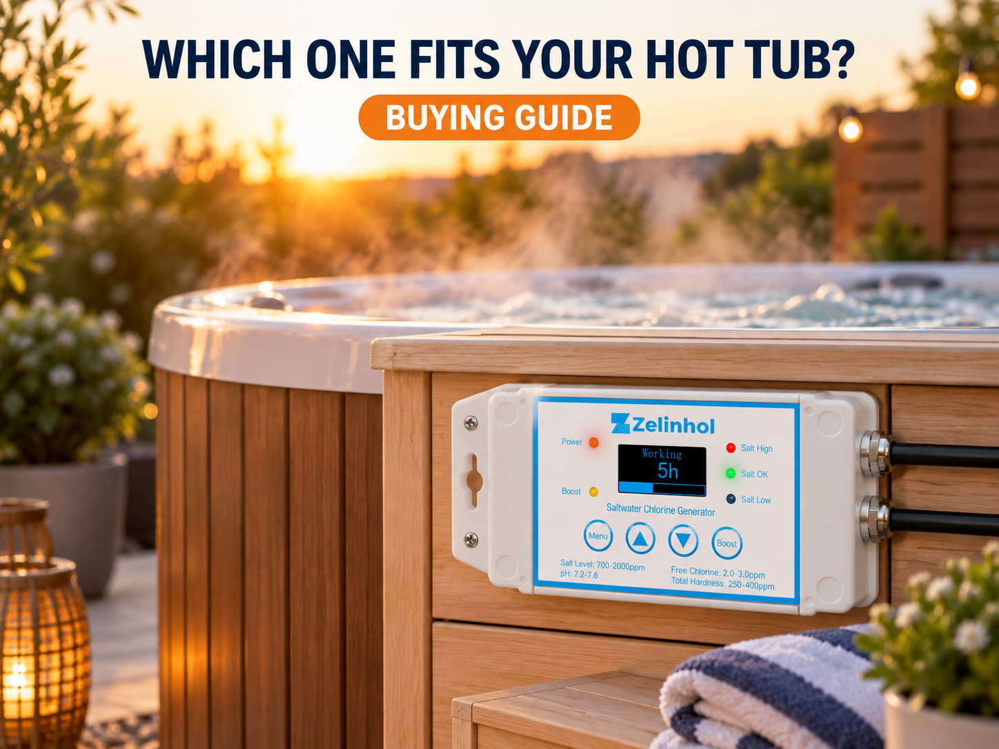 Zelinhol salt chlorine generator mounted on a hot tub cabinet at dusk