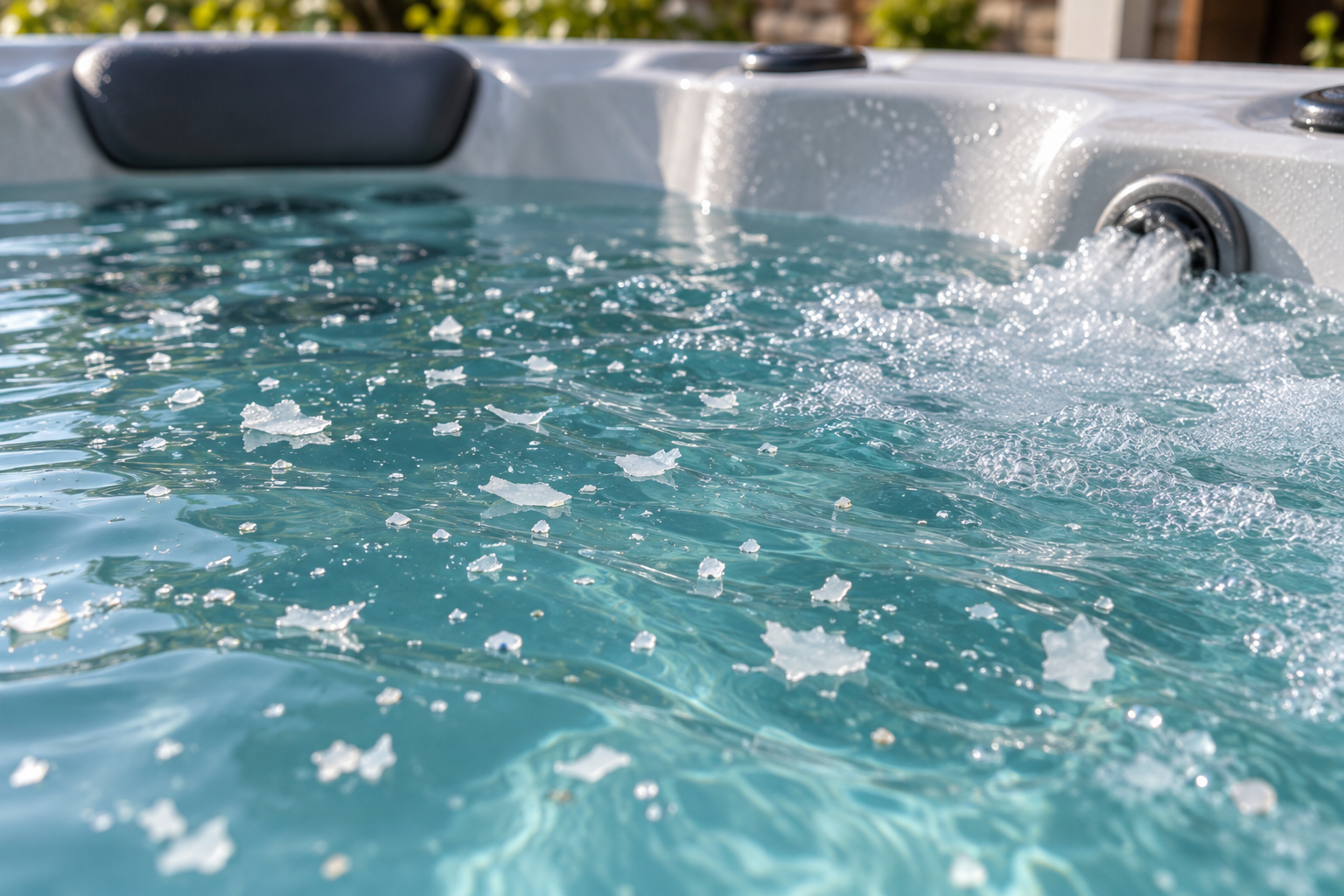 White flakes floating on hot tub water surface near a jet